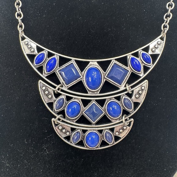 Retro Blue Silver Statement Necklace Diamond Oval Ellipse Crescent Geometric - Picture 2 of 8